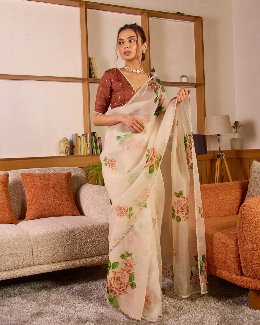 Blush Garden Hand-Painted Organza Saree