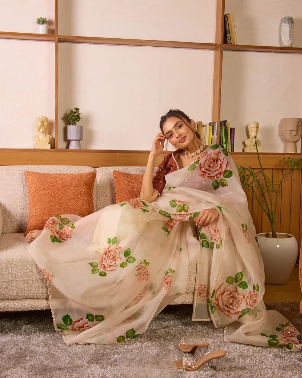 Blush Garden Hand-Painted Organza Saree