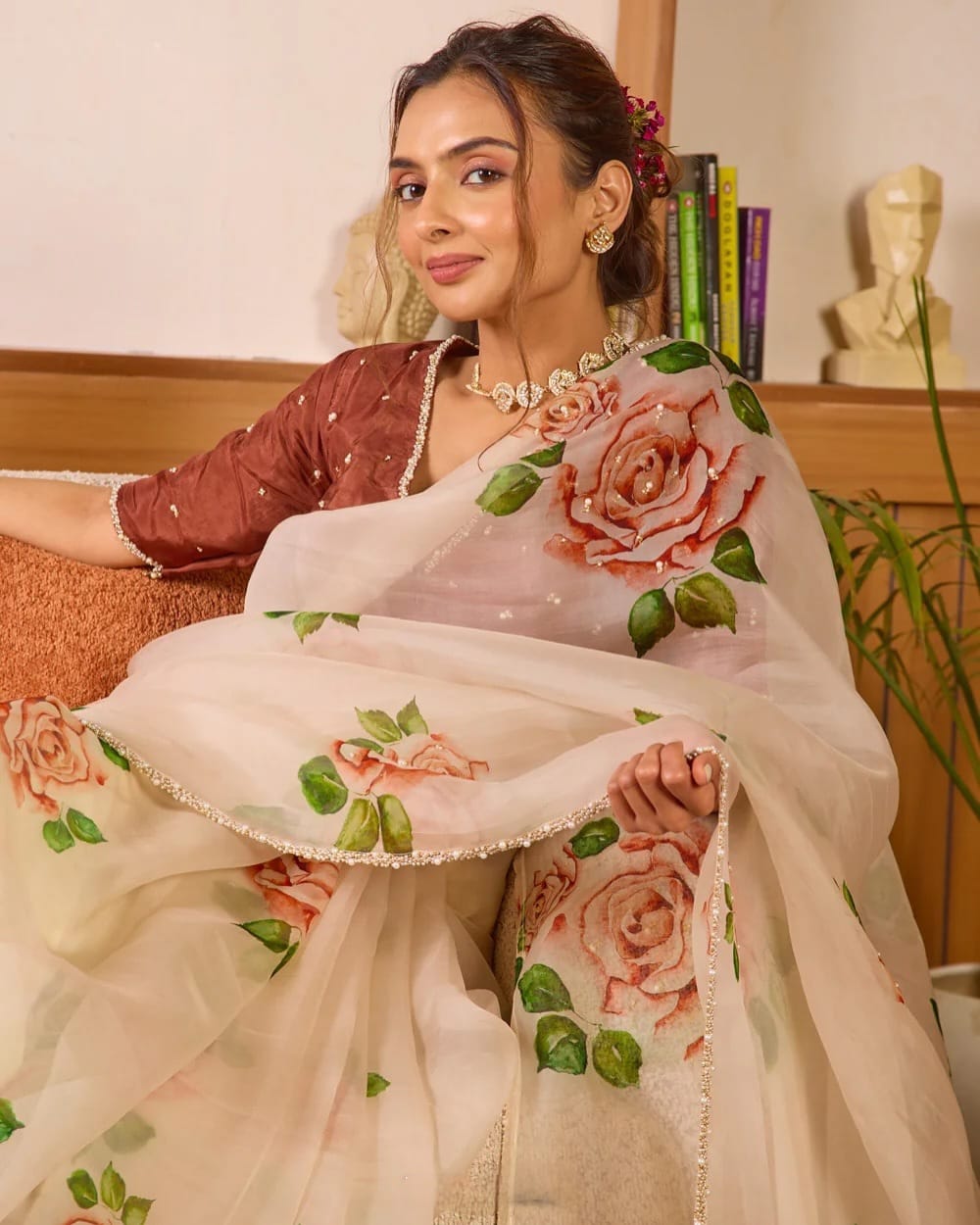 Blush Garden Hand-Painted Organza Saree