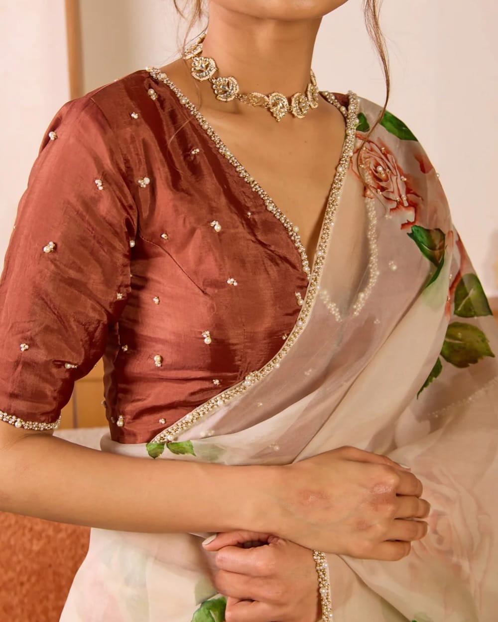 Blush Garden Hand-Painted Organza Saree