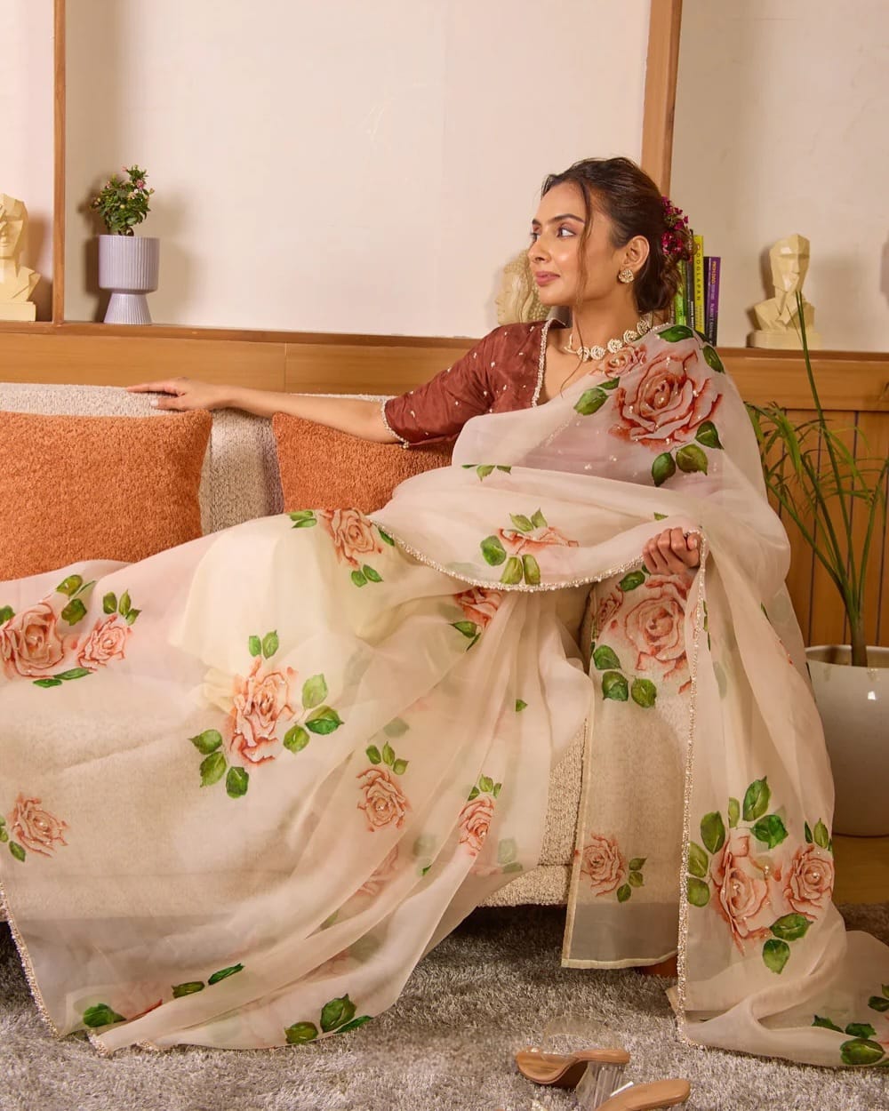 Blush Garden Hand-Painted Organza Saree