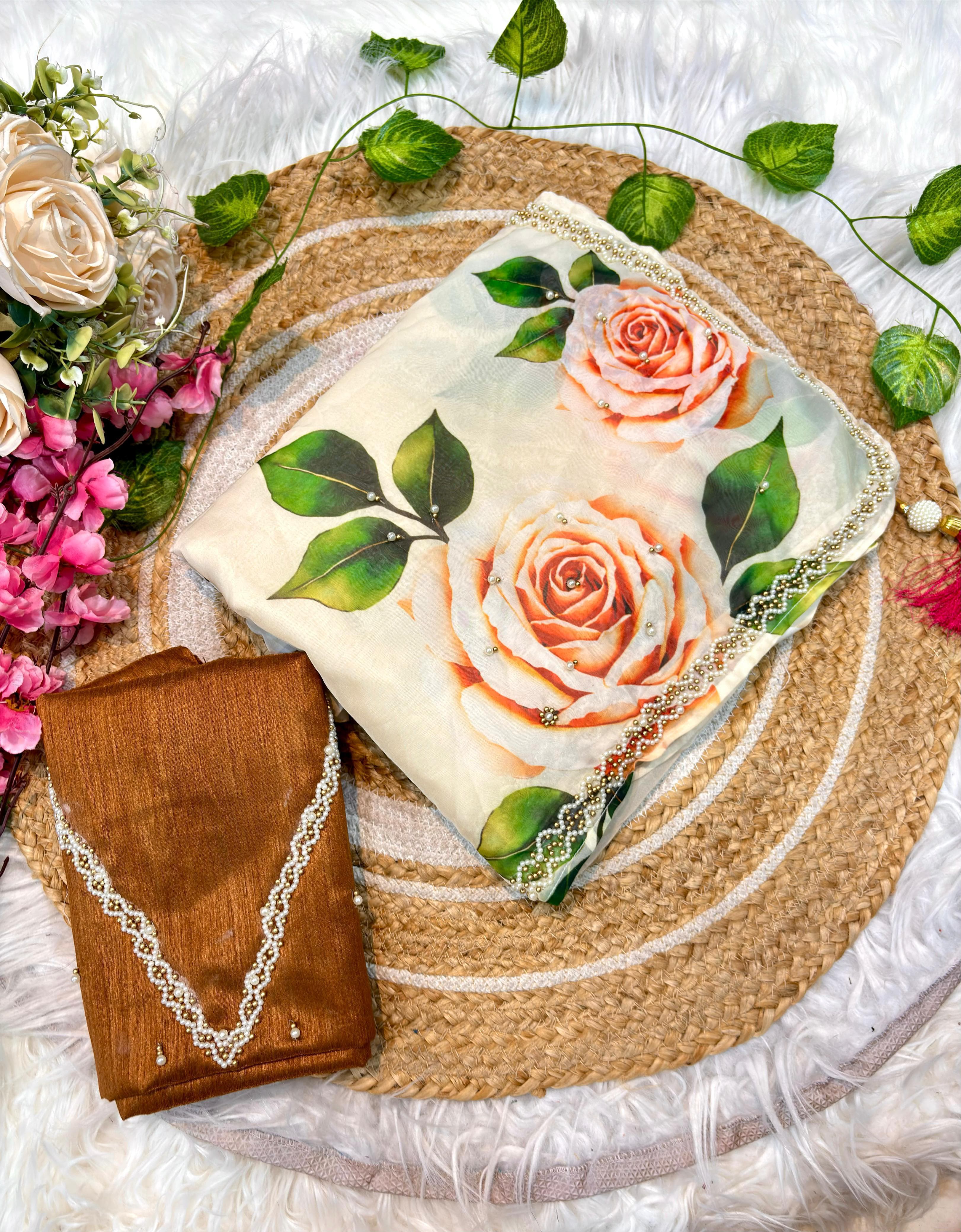 Blush Garden Hand-Painted Organza Saree