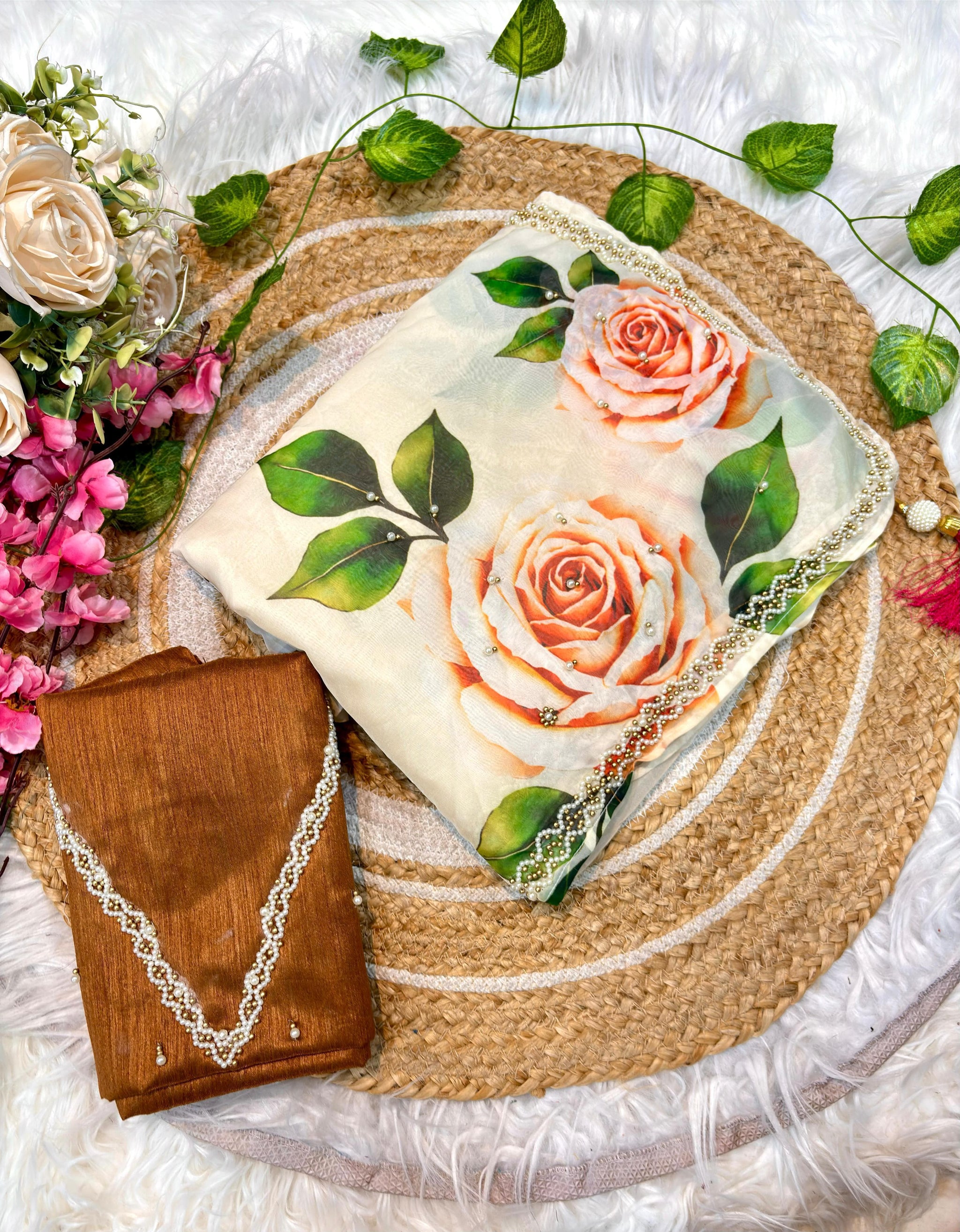 Blush Garden Hand-Painted Organza Saree