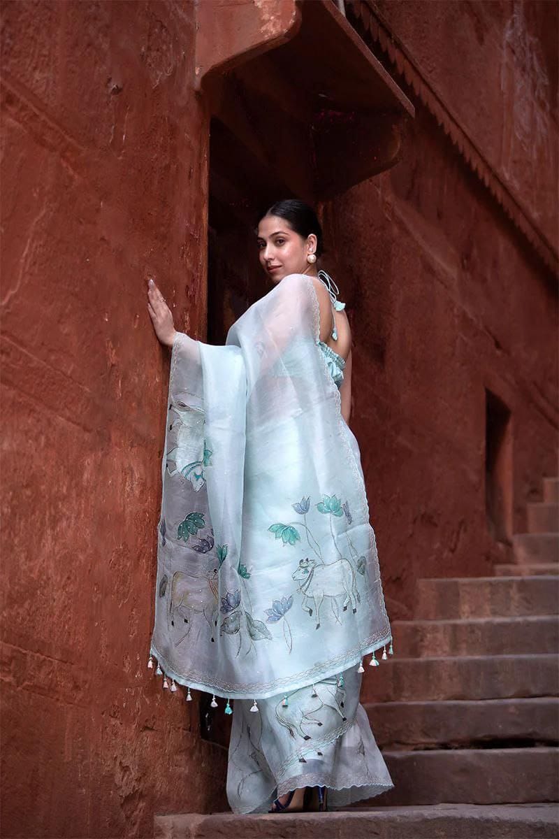 Ethereal Hand-Painted Organza Saree with Pastel Motifs