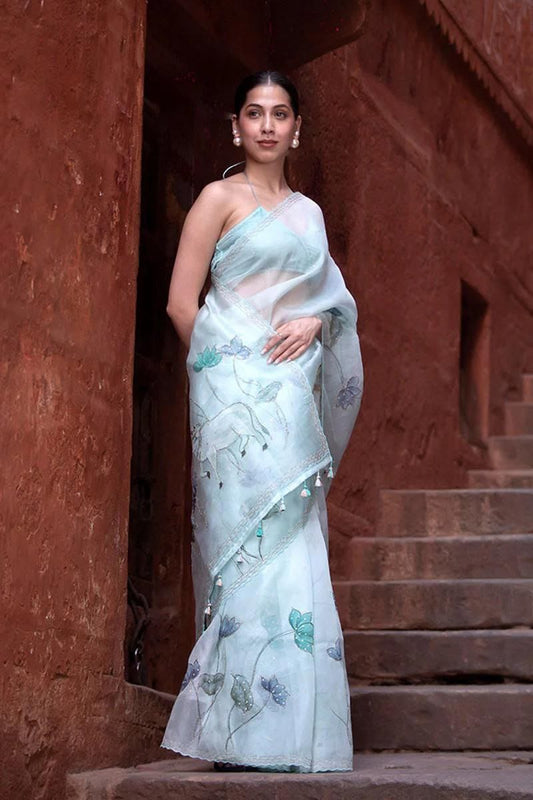 Ethereal Hand-Painted Organza Saree with Pastel Motifs