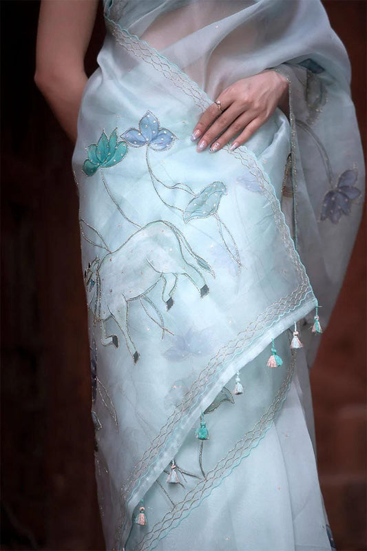 Ethereal Hand-Painted Organza Saree with Pastel Motifs