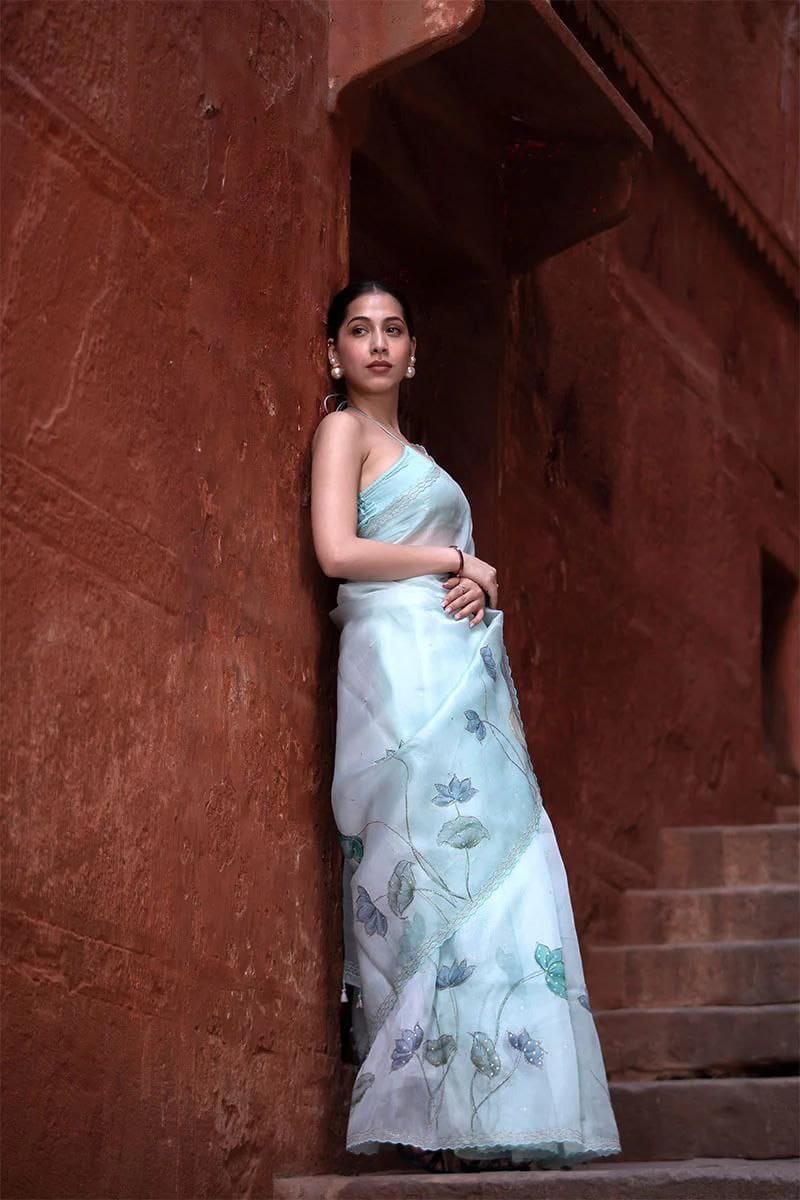 Ethereal Hand-Painted Organza Saree with Pastel Motifs