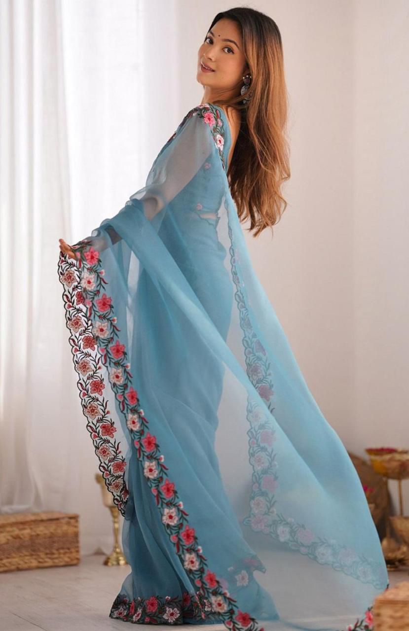 Elegant Floral Embroidered Organza Saree