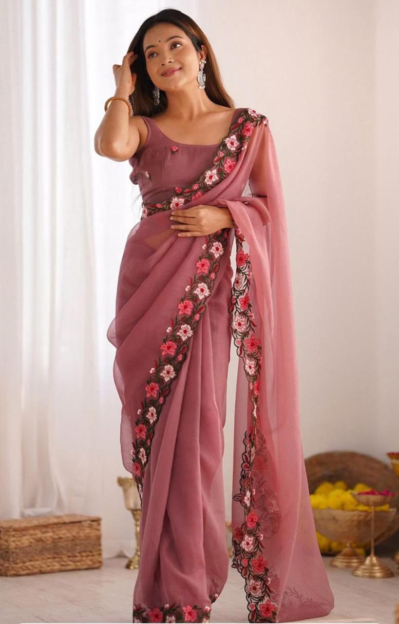 Elegant Floral Embroidered Organza Saree