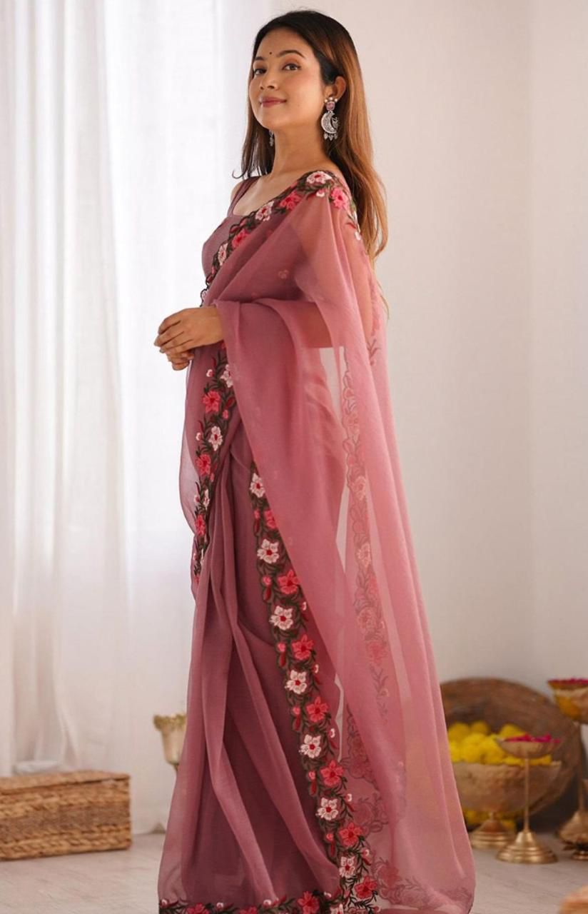 Elegant Floral Embroidered Organza Saree
