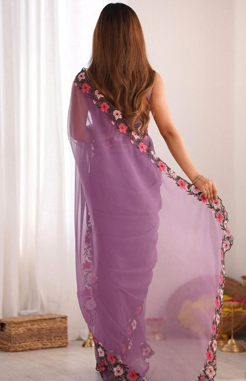 Elegant Floral Embroidered Organza Saree