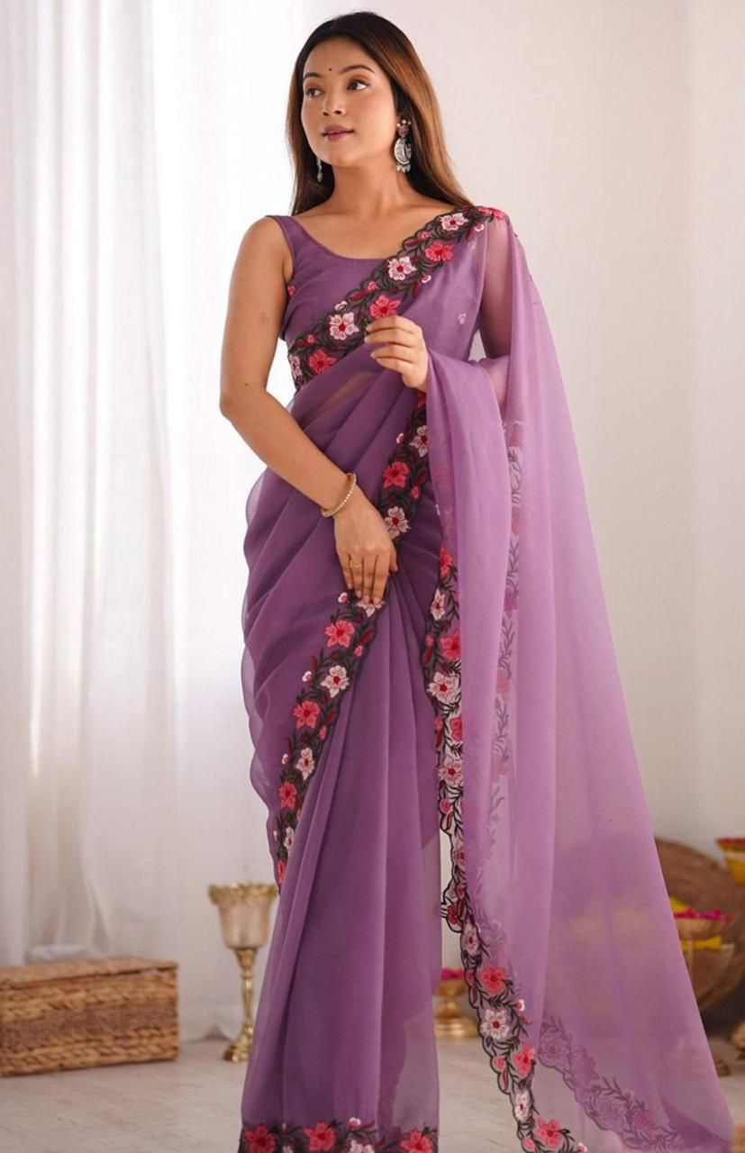 Elegant Floral Embroidered Organza Saree