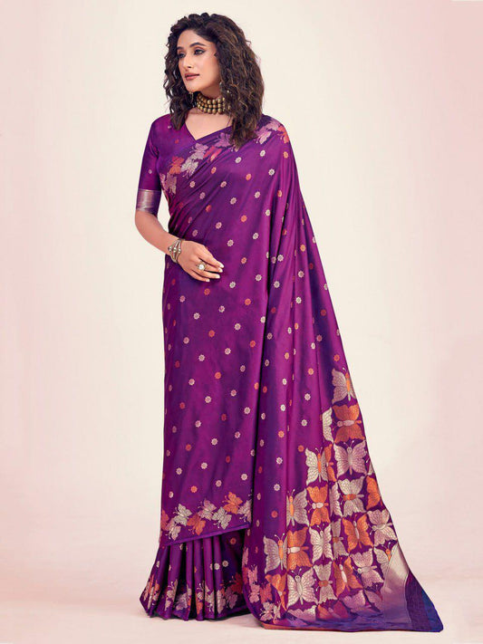 Royal Purple Lichi Silk Saree Jacquard Magic
