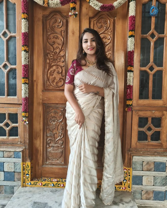 Classic Cream Gold Saree with Embroidered Detailing