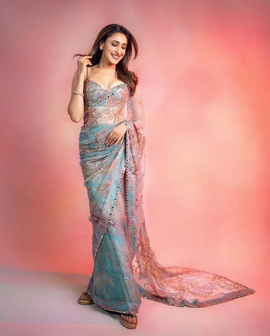 Digital Printed Tebby Silk Saree with Embroidery & Mirror Work