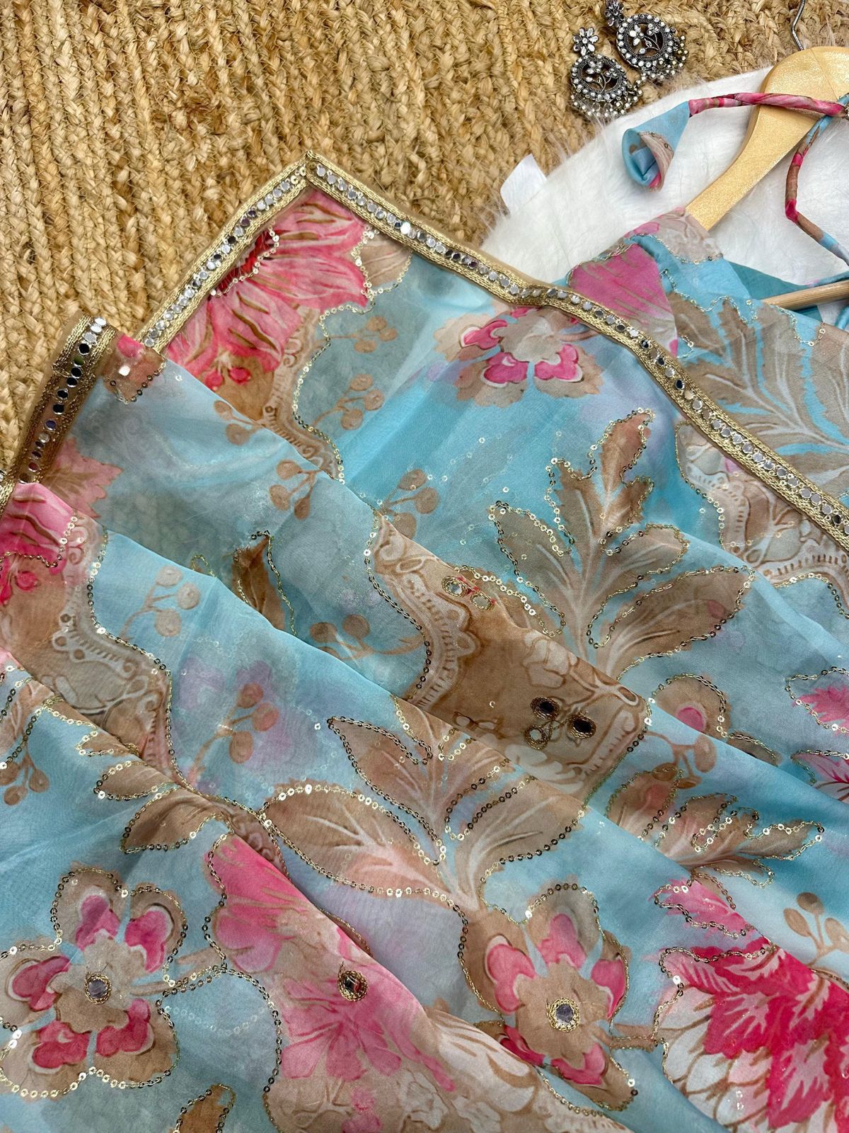 Digital Printed Tebby Silk Saree with Embroidery & Mirror Work