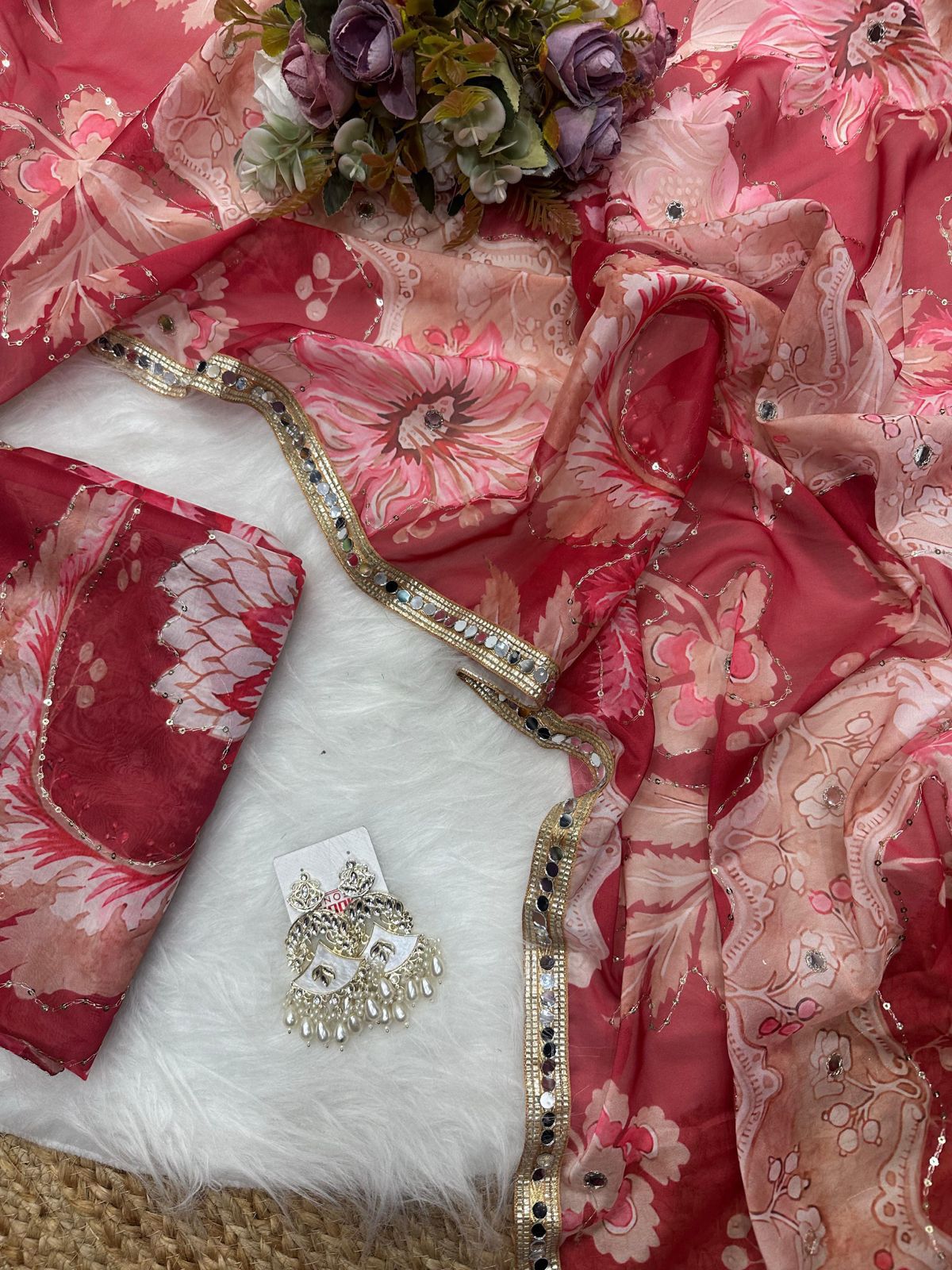Digital Printed Tebby Silk Saree with Embroidery & Mirror Work