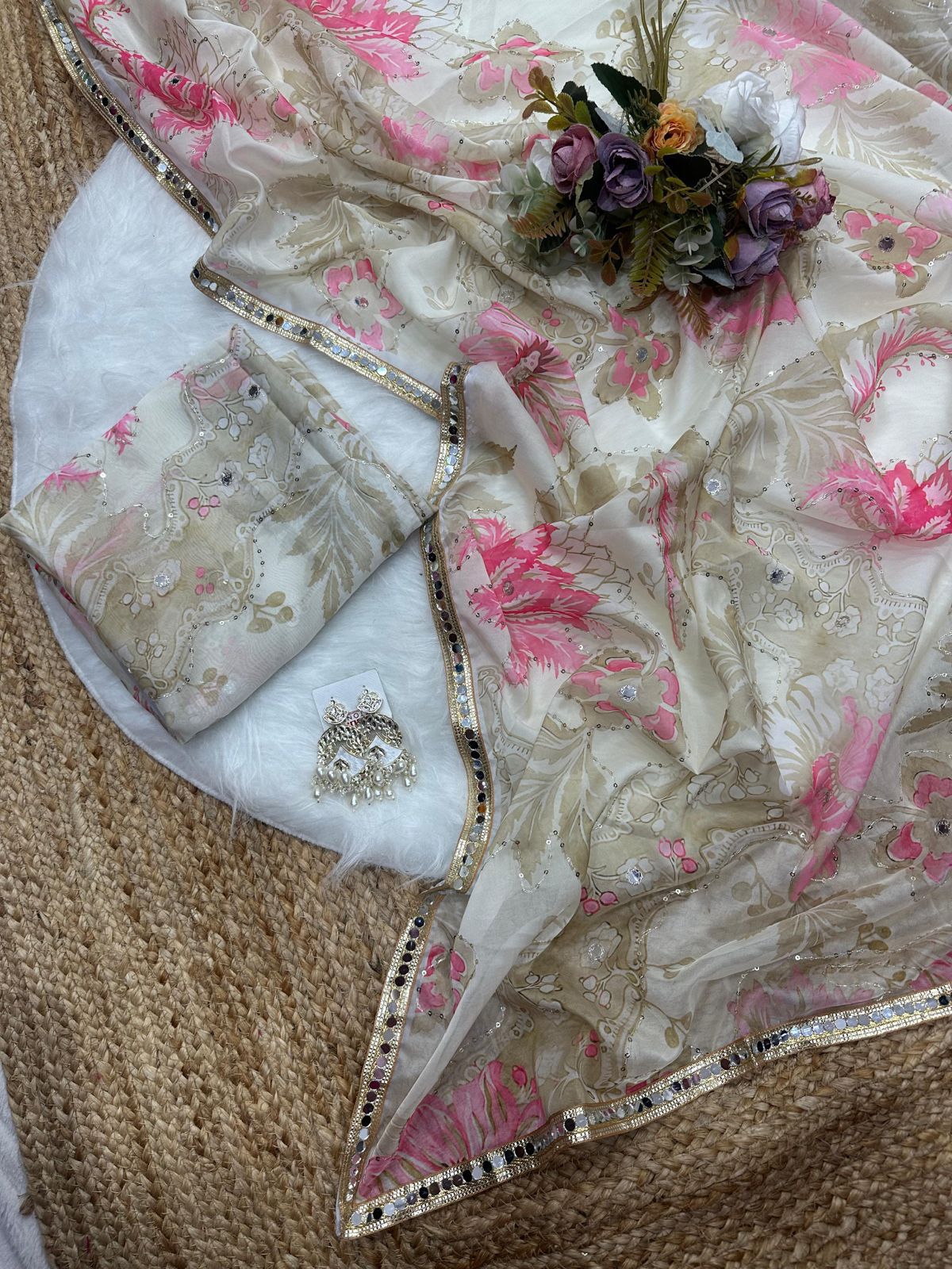 Digital Printed Tebby Silk Saree with Embroidery & Mirror Work