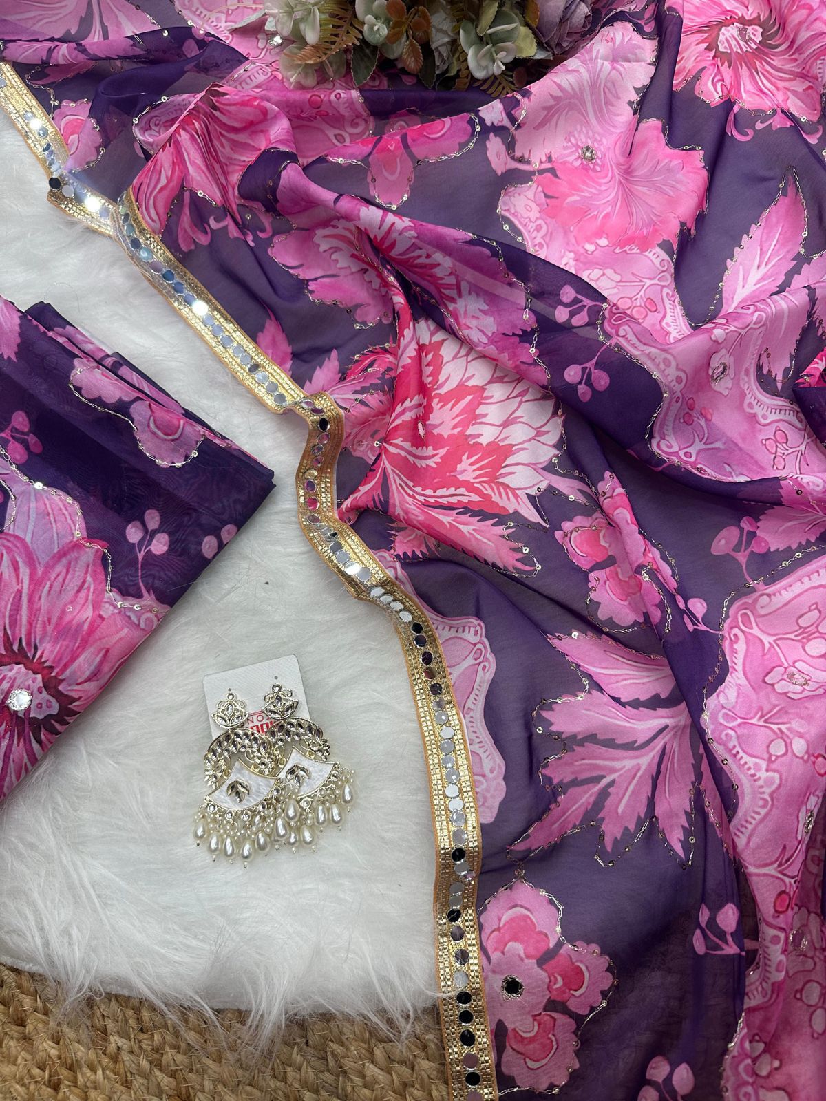 Digital Printed Tebby Silk Saree with Embroidery & Mirror Work