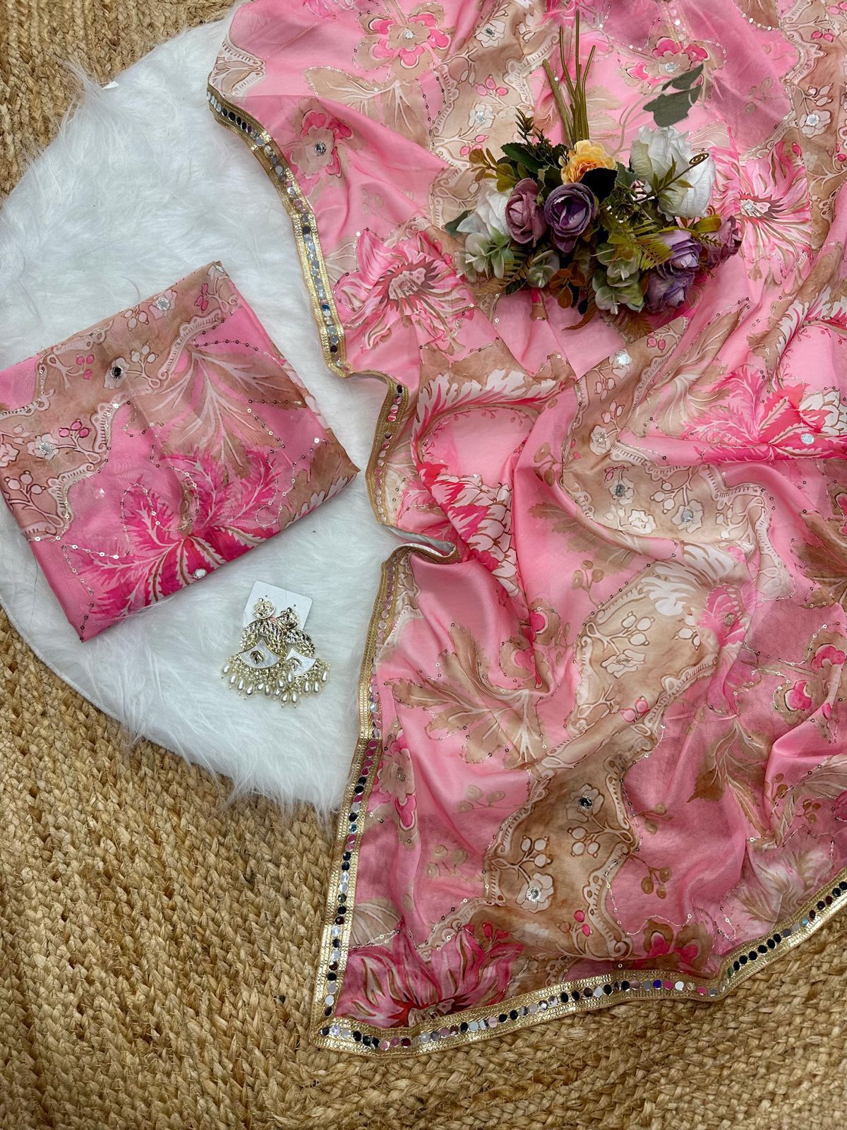 Digital Printed Tebby Silk Saree with Embroidery & Mirror Work
