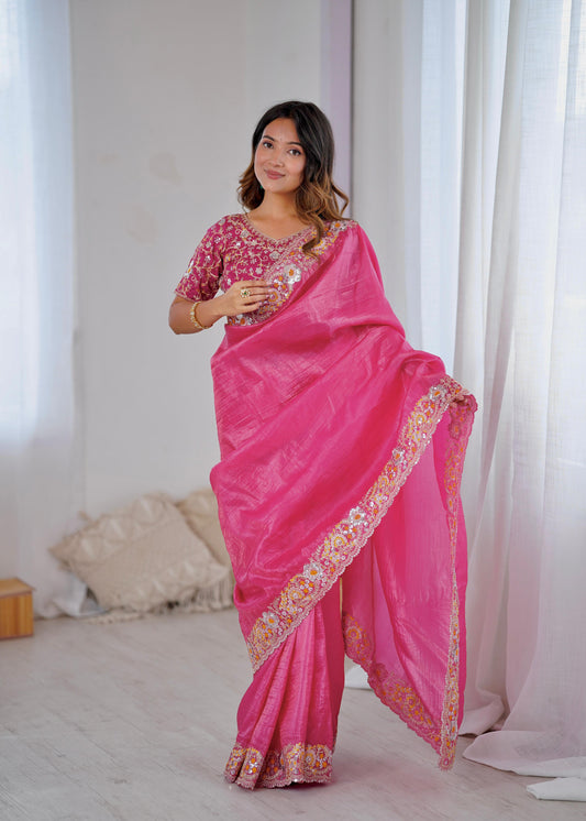 Premium Dark Pink Saree with Coding & Sequins Work