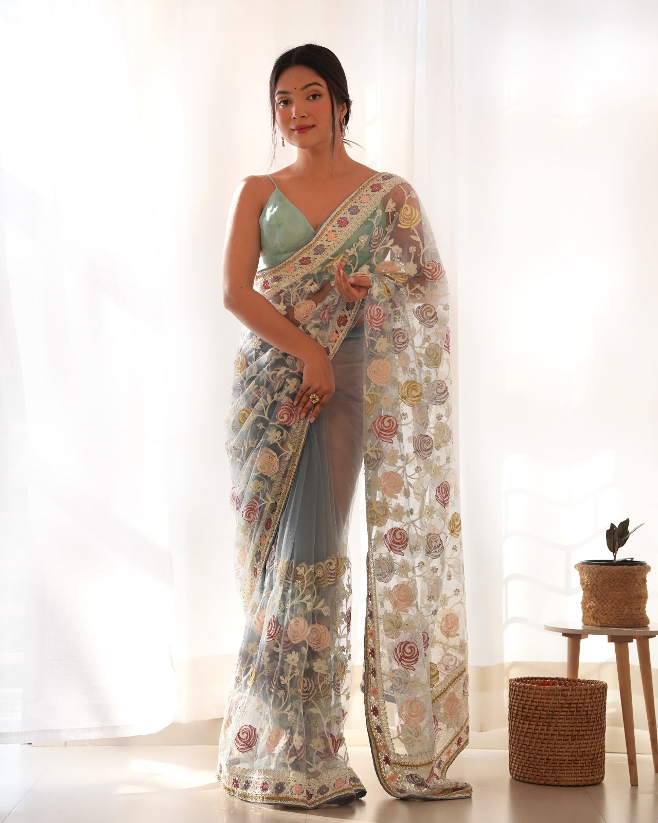Designer Butterfly Net Saree with Embroidery & Stone Work