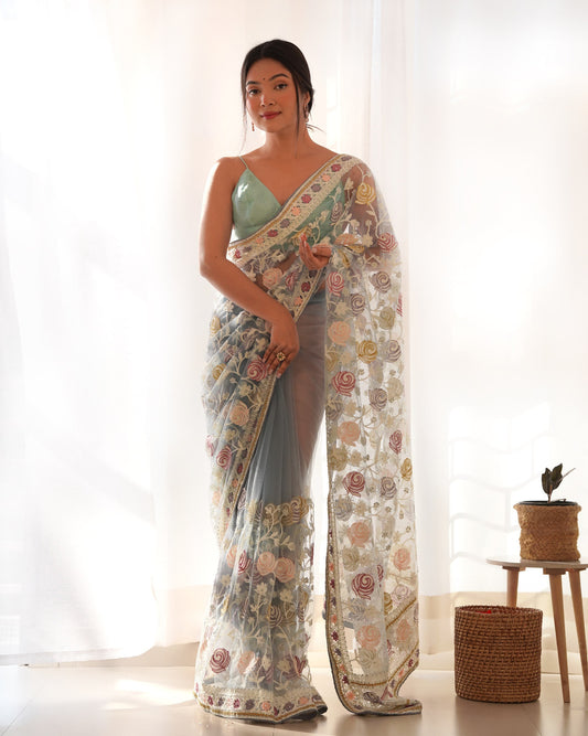Designer Butterfly Net Saree with Embroidery & Stone Work