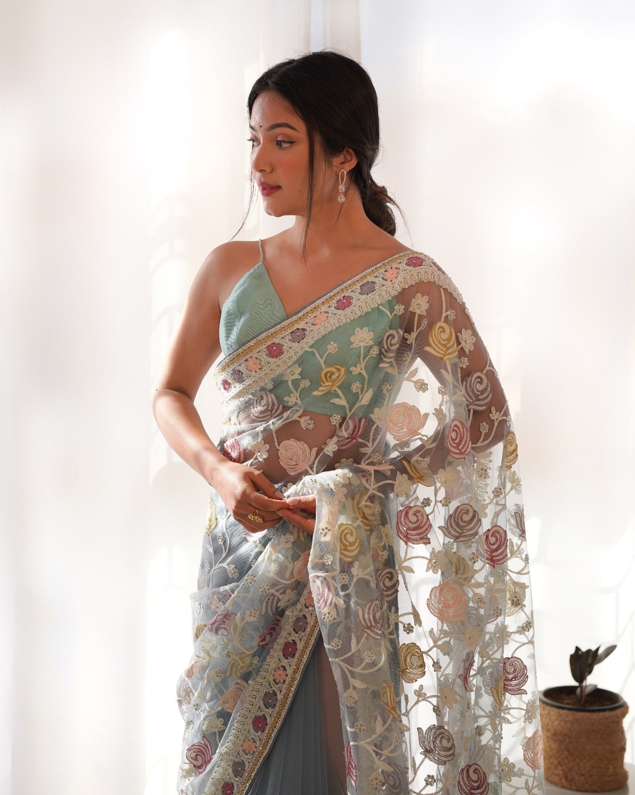 Designer Butterfly Net Saree with Embroidery & Stone Work