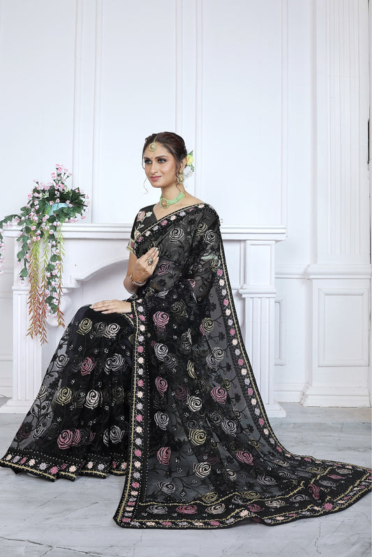 Designer Butterfly Net Saree with Embroidery & Stone Work