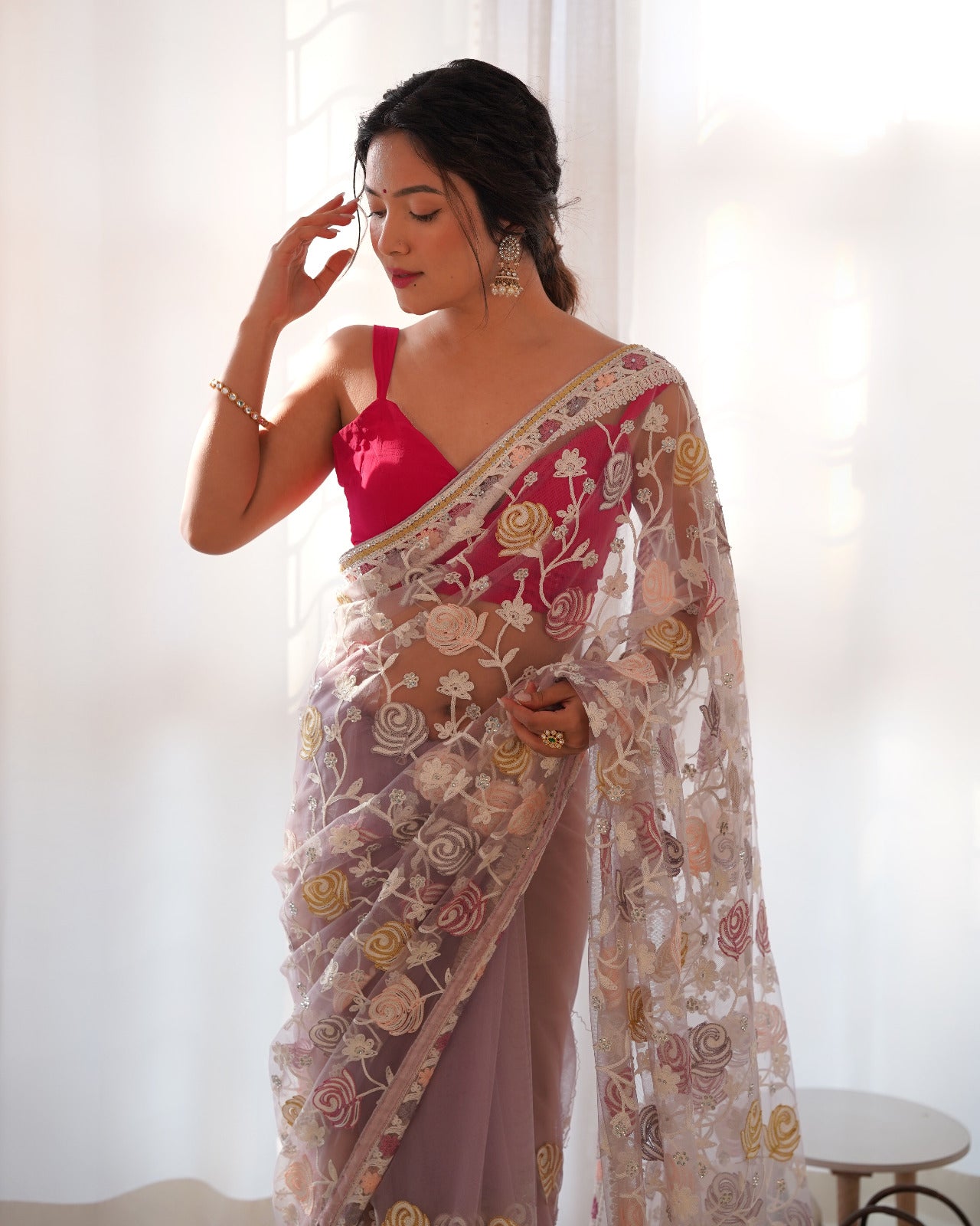 Designer Butterfly Net Saree with Embroidery & Stone Work