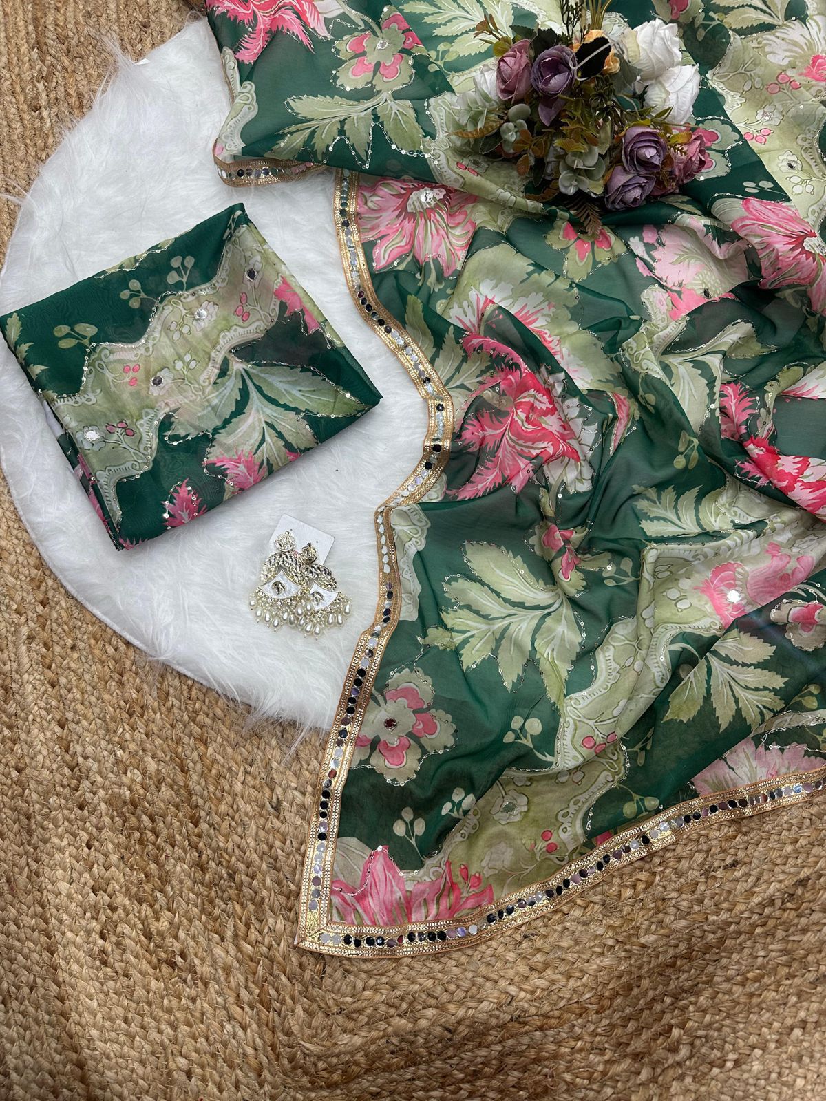 Digital Printed Tebby Silk Saree with Embroidery & Mirror Work