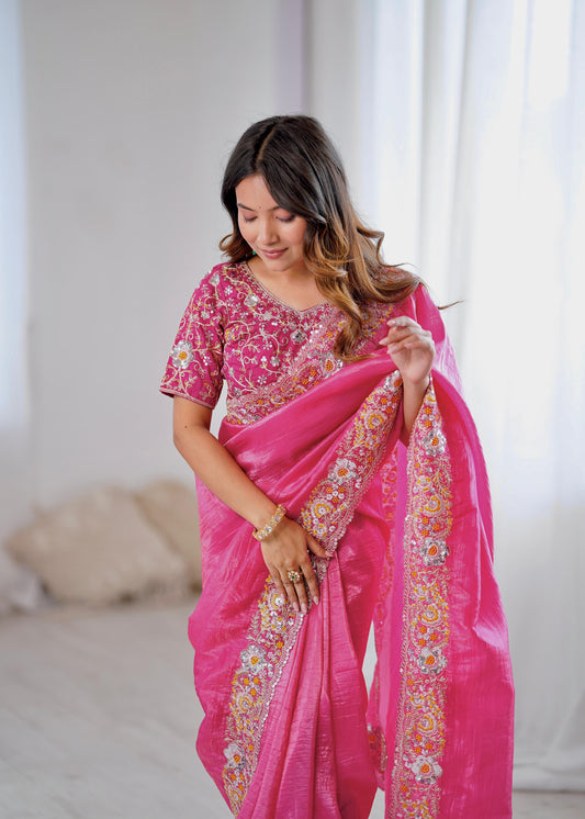 Premium Dark Pink Saree with Coding & Sequins Work