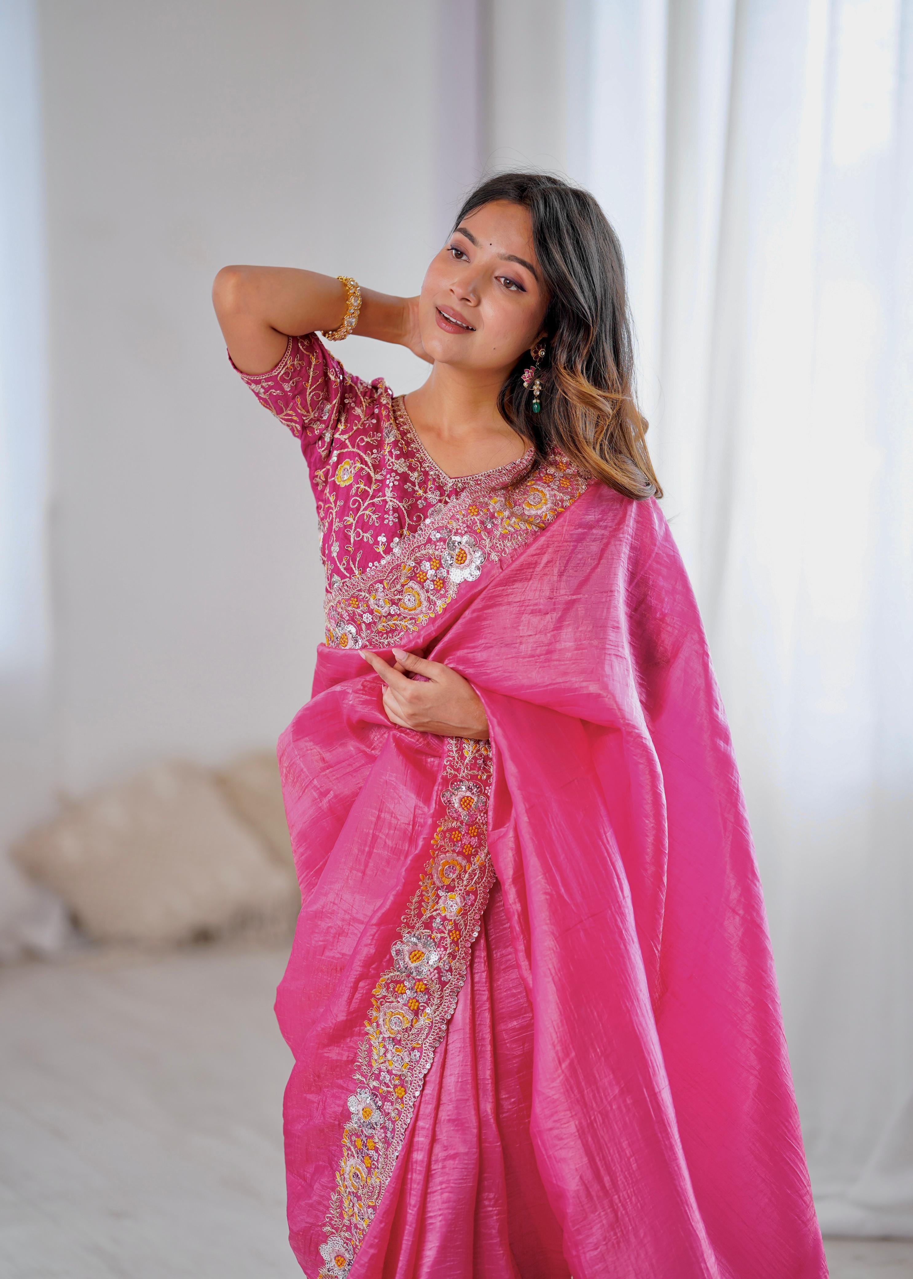 Premium Dark Pink Saree with Coding & Sequins Work