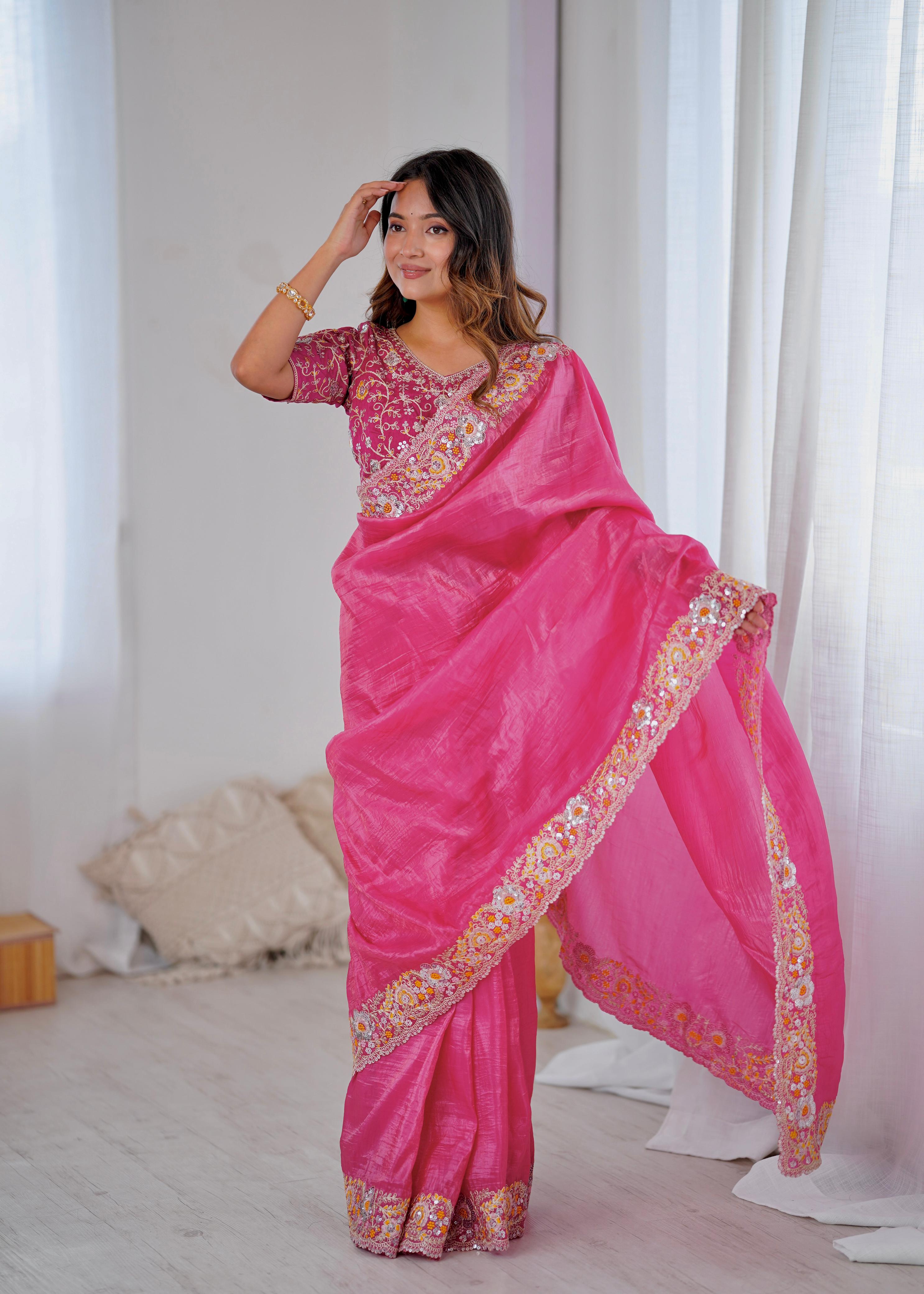 Premium Dark Pink Saree with Coding & Sequins Work