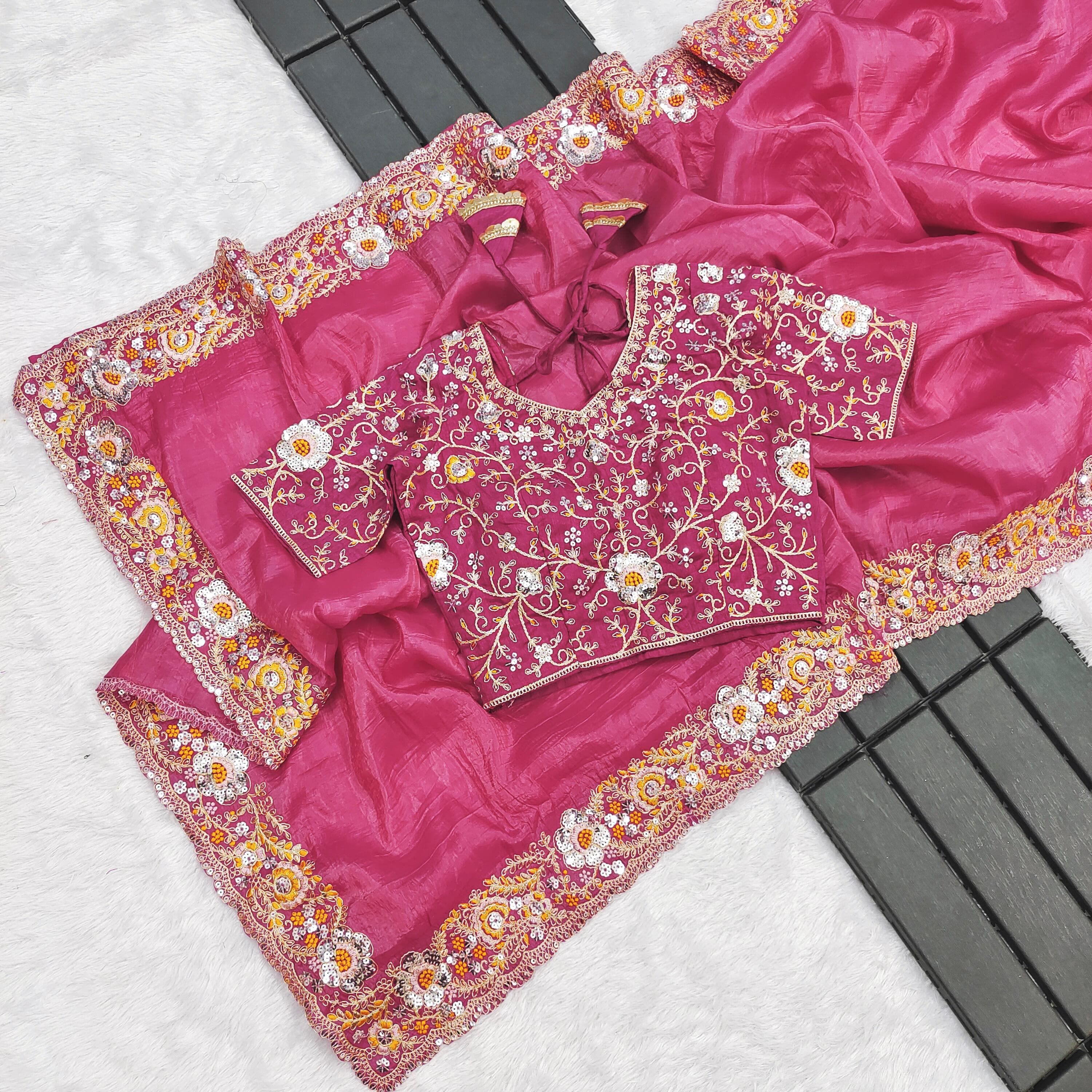 Premium Dark Pink Saree with Coding & Sequins Work