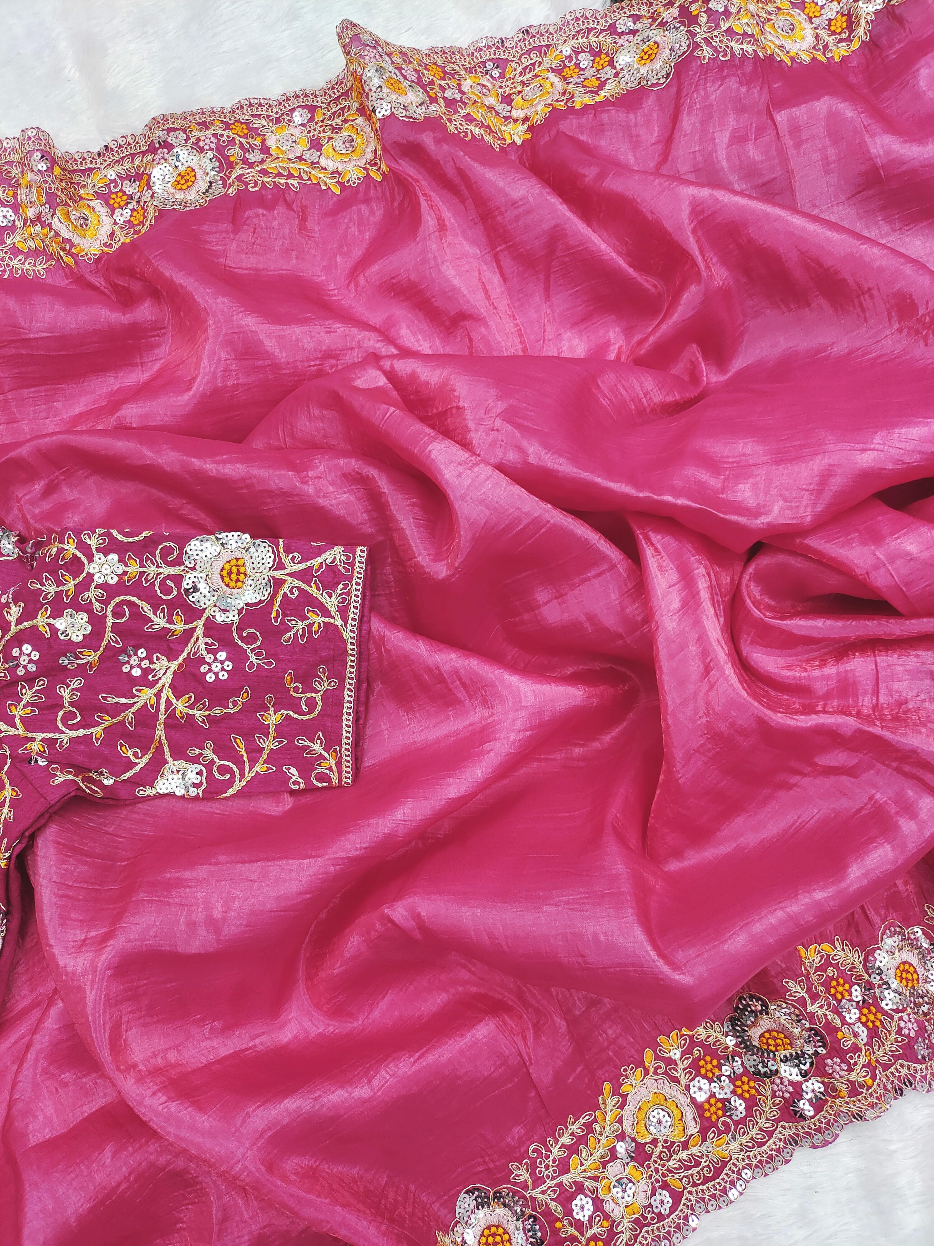 Premium Dark Pink Saree with Coding & Sequins Work